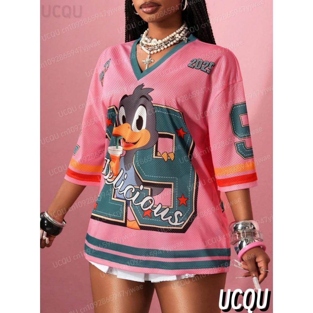 

2026 Bird Number 19Print T Shirt For Women Mesh fabric Striped V-Neck Tee Summer Harajuku Trend Short Sleeve Streetwear Tops S