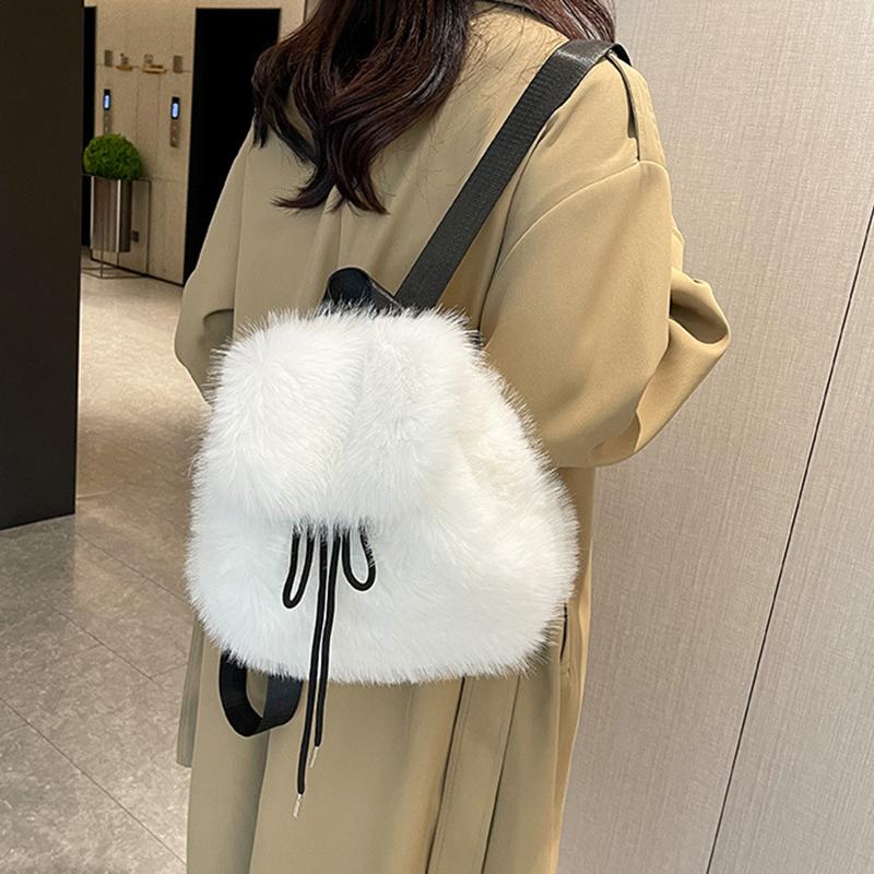 Plüsch Rucksack Damen Klein Niedlich Kordelzug Flauschige Tasche Einfarbig Weicher Rucksack Winter Warm Kunstfell Schulter Rucksack