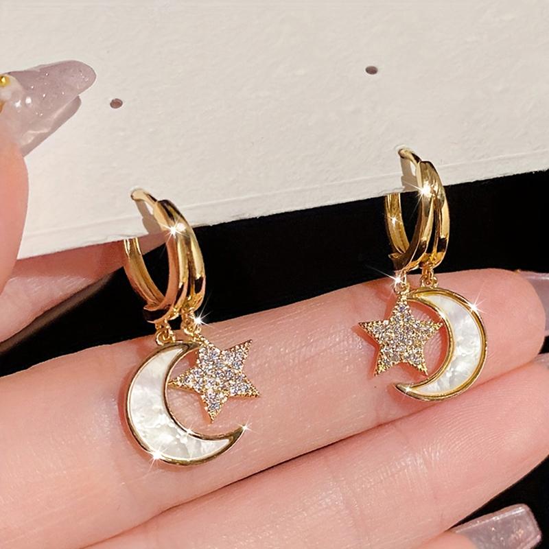 Huitan Fancy Star Moon Drop Earrings for Women Gold Color Aesthetic Wedding Bridal Jewelry White Enamel Accessories Inlaid CZ