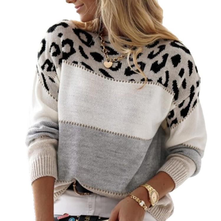 Europäische und amerikanische Pullover Damen Neu Vielseitig Leopardenmuster Pullover Oberteil Farbkombination Ein-Wort-Hals Pullover Unterzieher Gestrickter Pullover