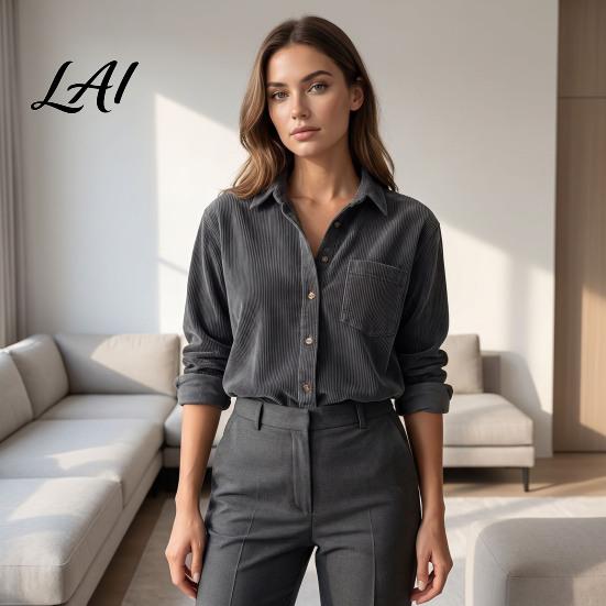 Breathable Texture Fall Apparel Women Vintage Corduroy Shirt Long Sleeve Button Up Jacket Lapel Soft Front Shirt Casual Blouse with Pockets