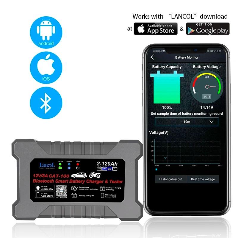 Lancol CAT100 12V 3A Fully Automatic Bluetooth Smart Battery Charger and Tester Maintainer 2 In 1 8 Stages Battery Charger EU PLUG