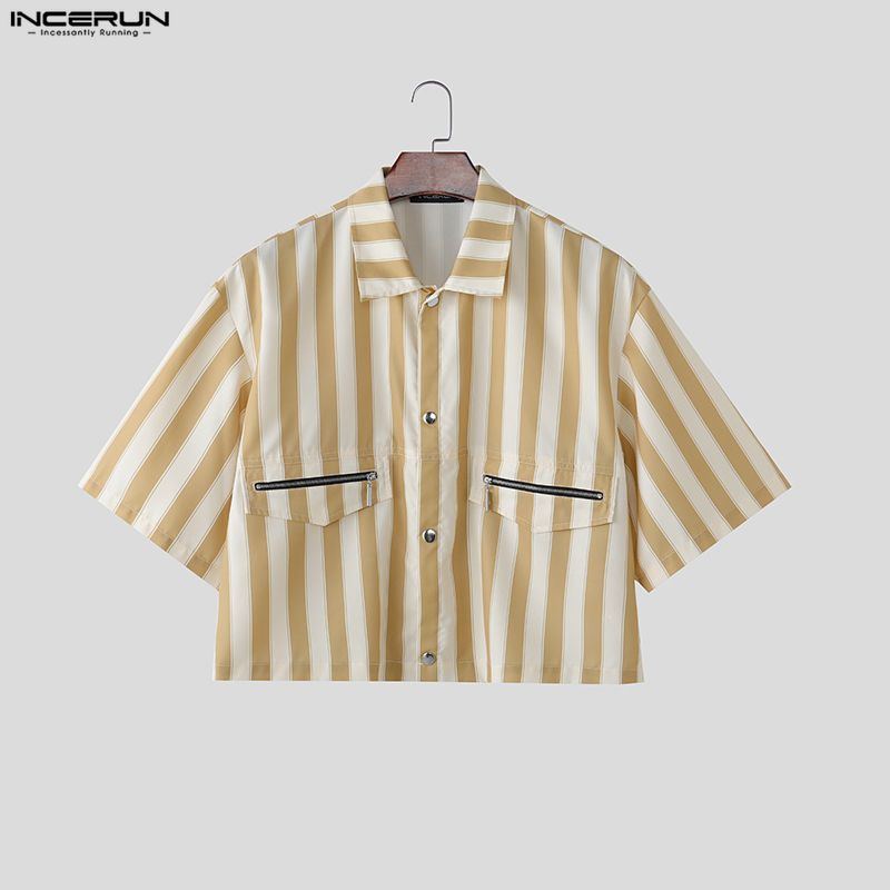 INCERUN S-5XL Men Lapel Neck Short Sleeve Striped Print Casual Oversized Cropped Tops Shirts