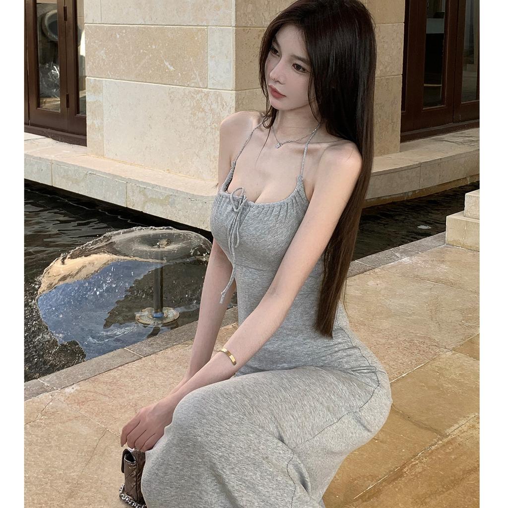 [Sexy Pure Desire] Lace-up Light Gray Slim-fitting Waist Version Long Suspender Dress Women