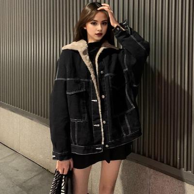 Chaqueta de mujer con forro de felpa gruesa de color sólido con bolsillos, solapa, botonadura sencilla, mangas largas, chaqueta vaquera holgada y cálida, abrigo diario para exteriores