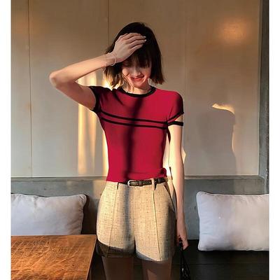 JK&JS Retro Color-Block Kurzarm Stricktop