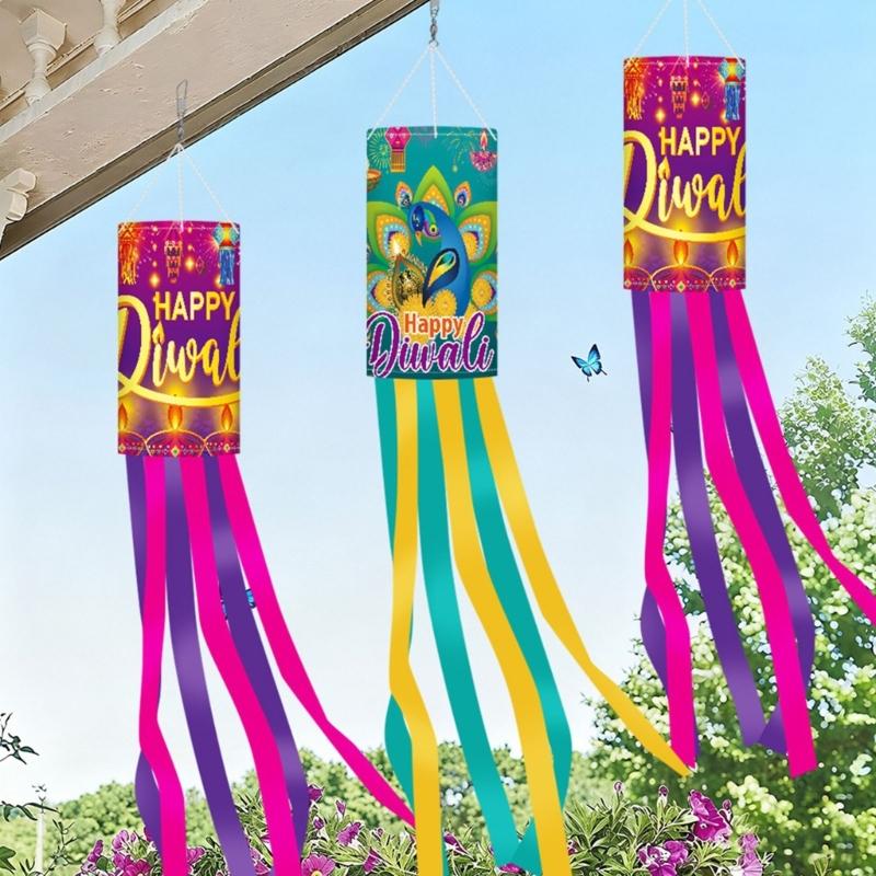 Front Door Diwali Windsock Decoration Hanging Festival Decors with Polyester Fabric and Ribbon Tails for Patio Space