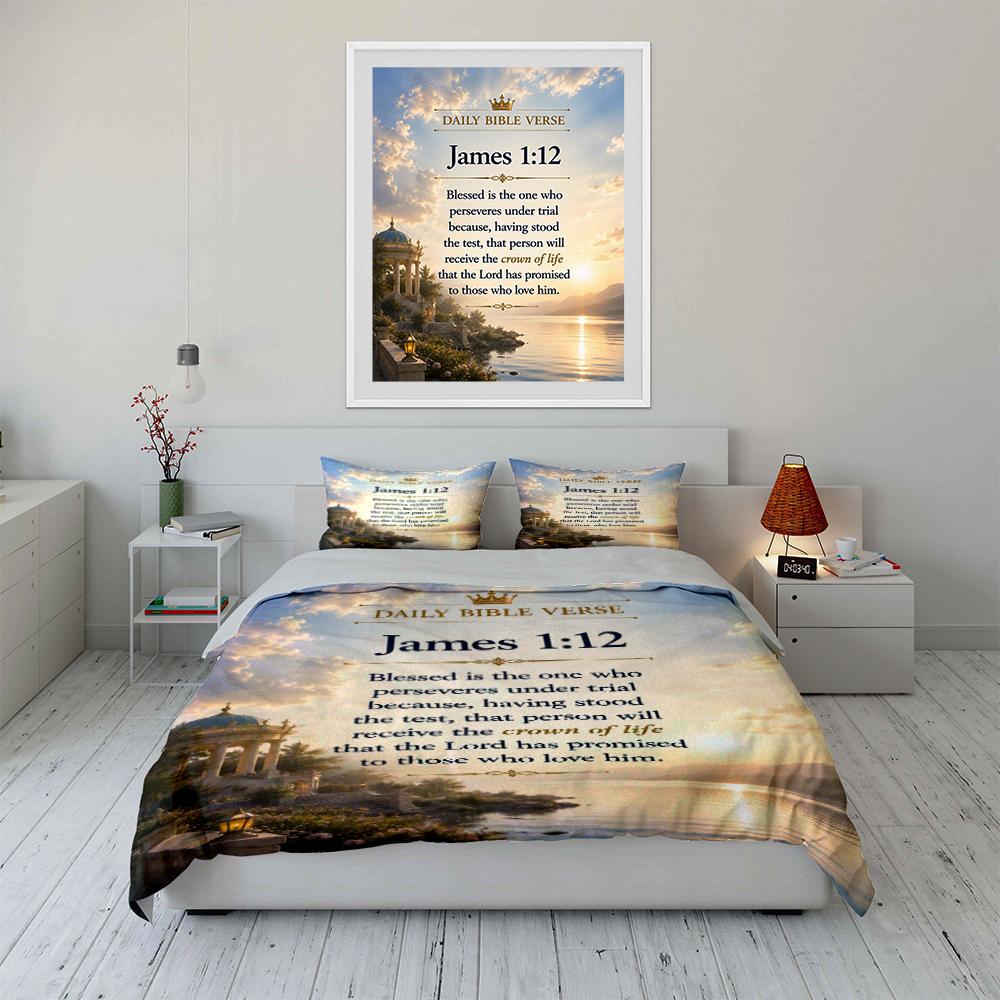 Bible Verse Bedding Set James 1:12 Print Bedding set (1 duvet cover, 2 pillowcases, duvet not included)