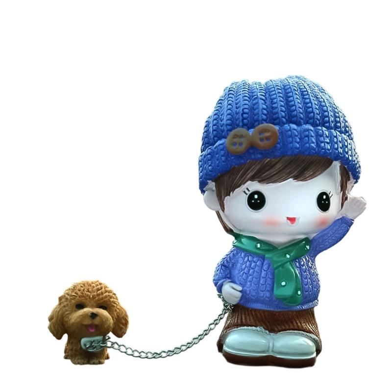 

Resins Boy Girl Walking Dog Statue Funny Couple Sculpture for Home Office Desktop and Bookshelves Decoration Ornament