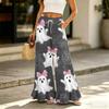 Women’s High Waist Drawstring Wide Leg Pants with Pockets Halloween Print Loose Fit Ruffle Hem Long Casual Trousers
