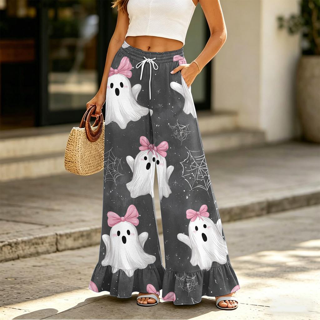 Women’s High Waist Drawstring Wide Leg Pants with Pockets Halloween Print Loose Fit Ruffle Hem Long Casual Trousers