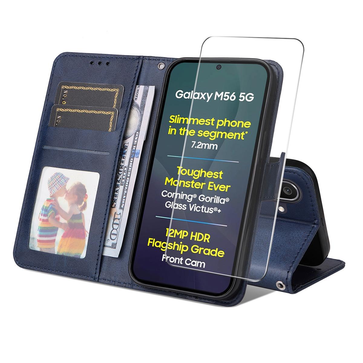 

For Samsung Galaxy M56 5G PU Leather Wallet Case ENKAY HAT PRINCE Phone Stand Cover with Tempered Glass Blue