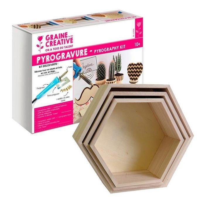 Coffret pyrogravure + 3 étagères hexagonales bois 30-40 cm