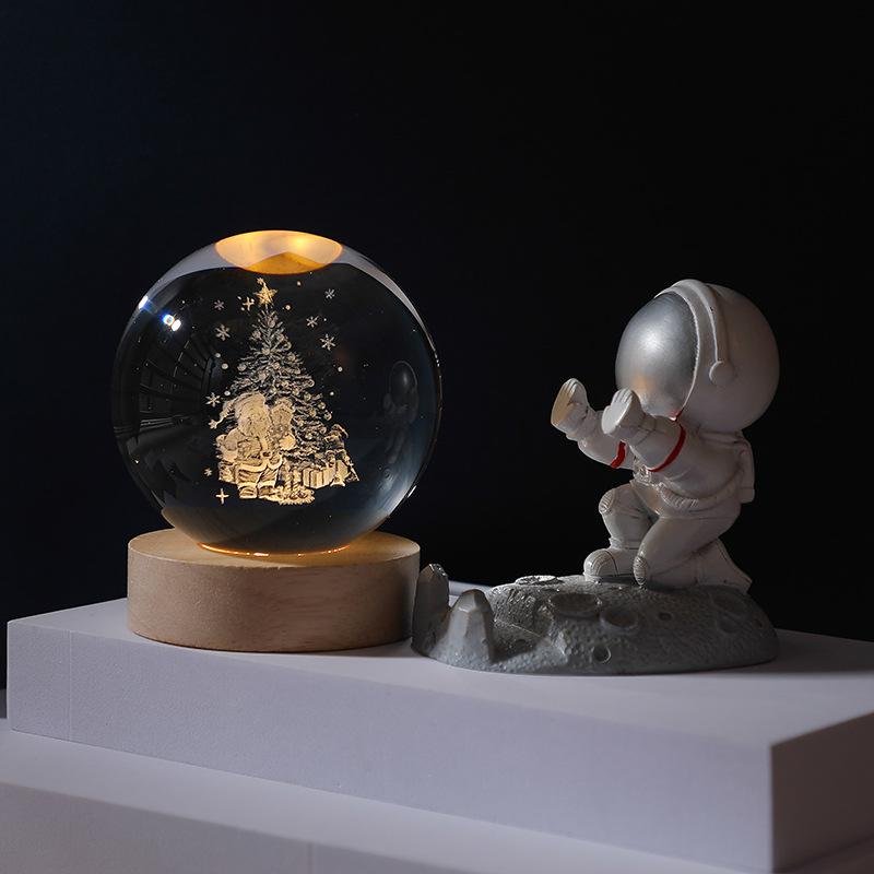 Remote Control Crystal Ball Night Light with Wooden Base – 3D Carving Luminous Glass Ornament, Perfect for Birthdays.
