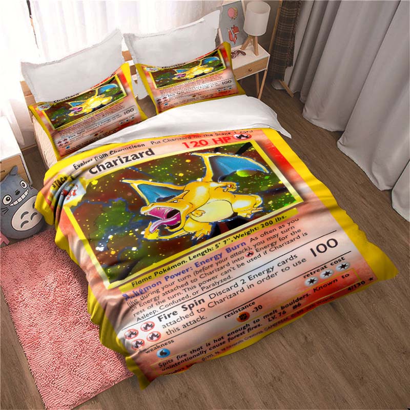 Bedding sets featuring various Pokémon card designs and sizes—including soft duvet covers and pillowcases—suitable for teenagers