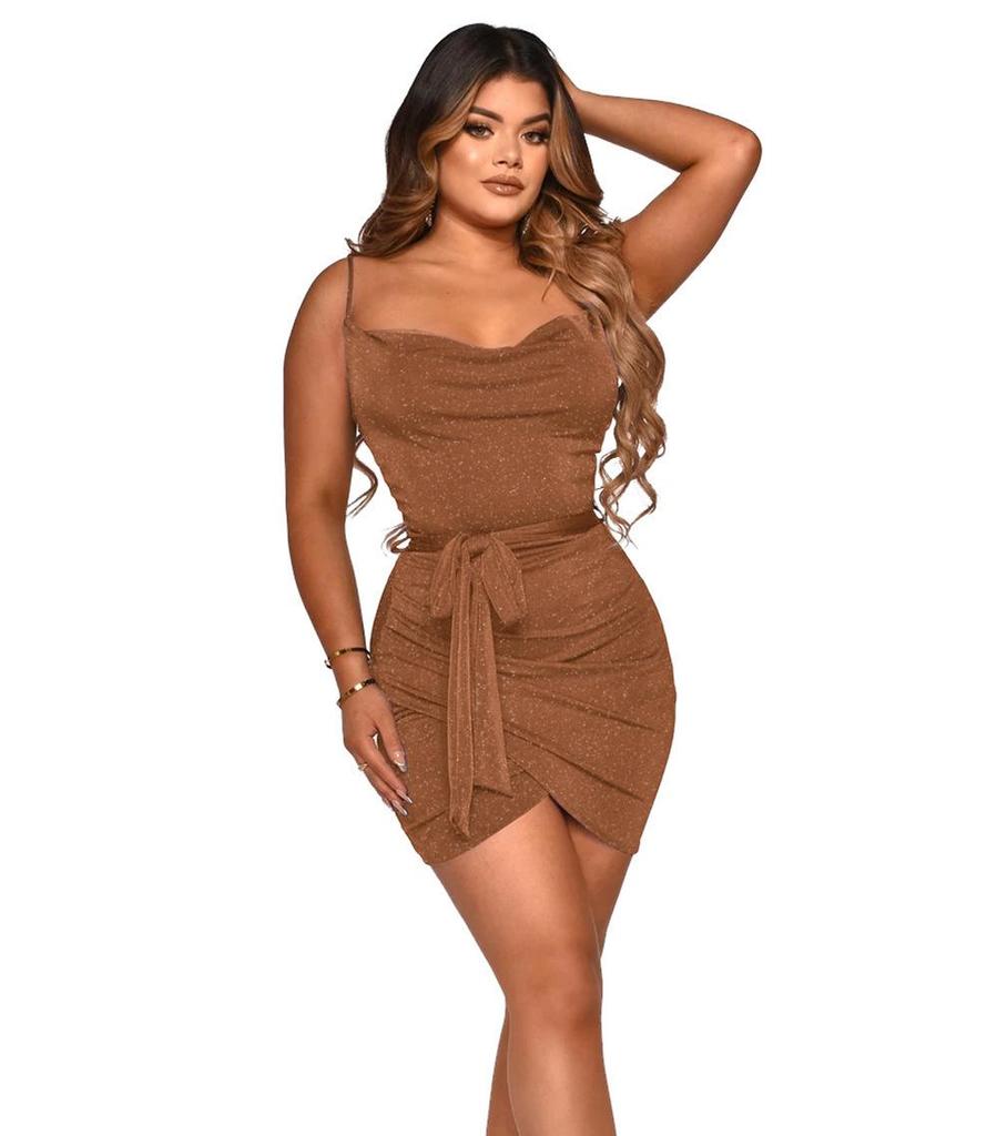 2026 European & American Spaghetti Strap Bodycon Skirt - Sparkly Sleeveless Sexy Dress for Spring/Summer.