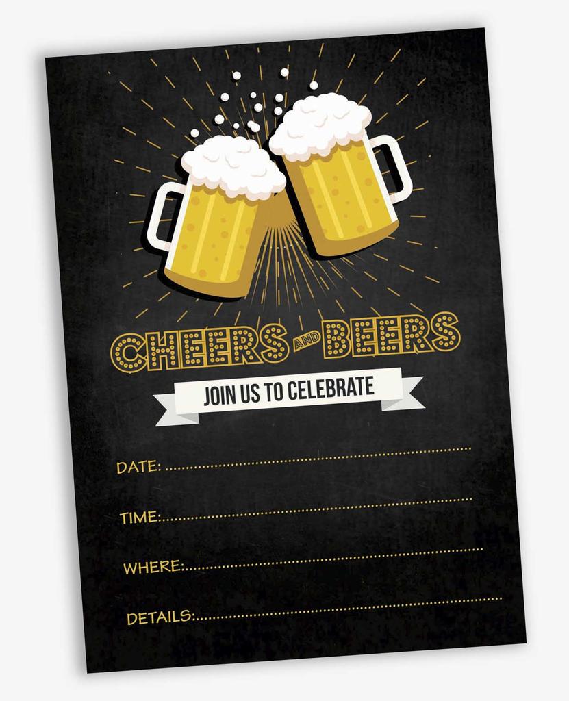 Inkdotpot Cheers and Beers Birthday Invitation,Party Invites, 30 years, 40 years, 50 years, Pack Of 30 Fill In Invitations With Envelopes