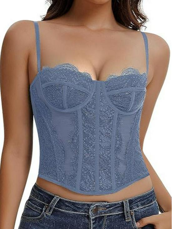 Spicy Girl Eyelash Lace Trim Slim Fishbone Corset Camisole