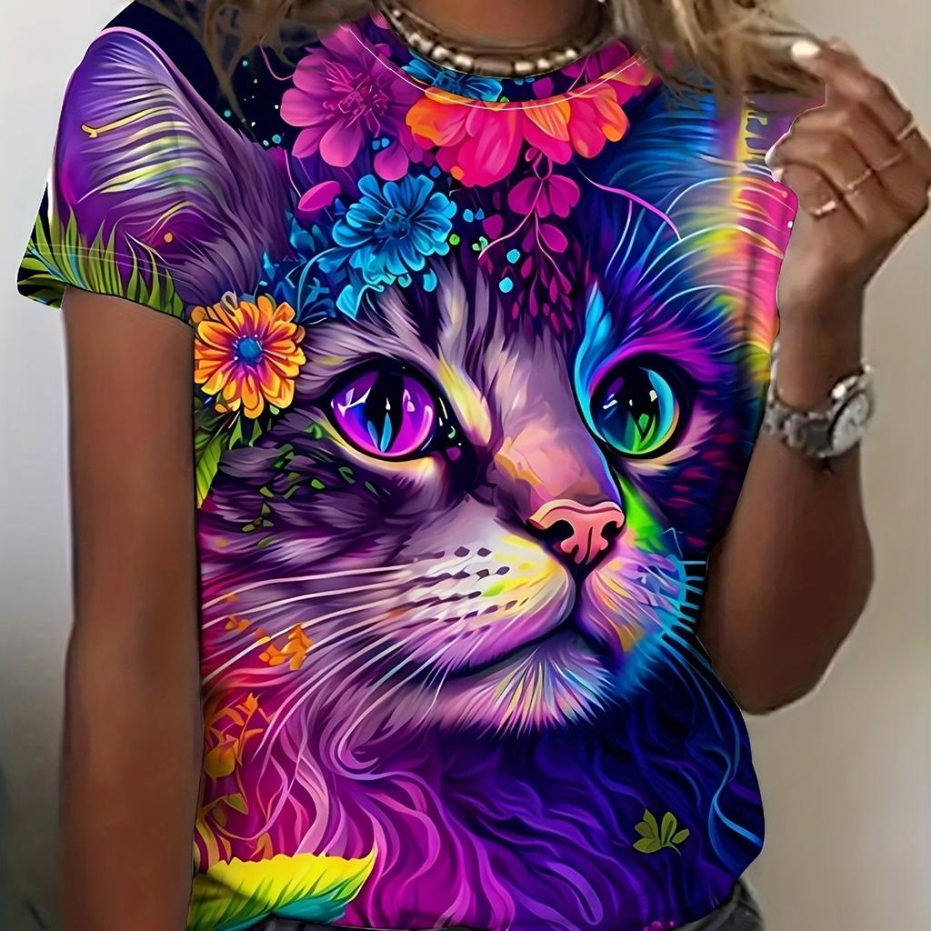 Cat & Floral Print Crew Neck T-shirt, Casual Short Sleeve Summer Daily Top, Women's Clothing