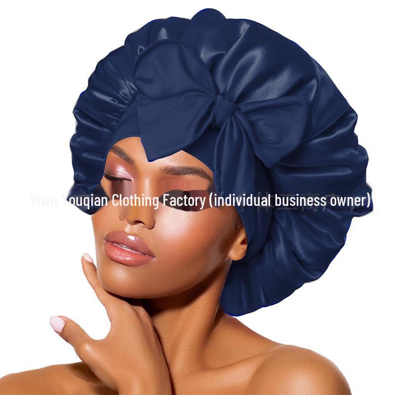 Elastische Schlaf- und Duschhaube aus Satin mit breiter Krempe für Damen – einfarbig, Größe L