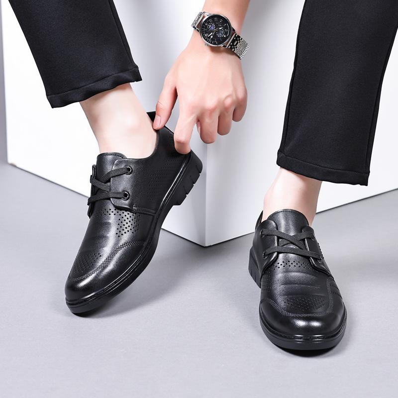 Large Size Summer Versatile Breathable Hollow Casual Men's Shoes Lace-up Low-top Men's Punched Hole Leather Sandals