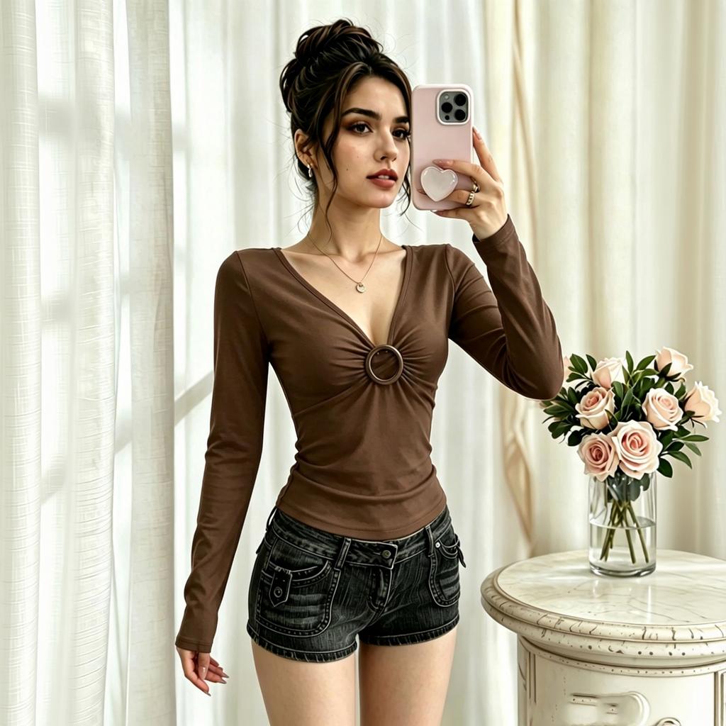 Women's Elegant V-Neck Long Sleeve Top with Pleated Front and Belt Design, Slim Fit Color Blouse