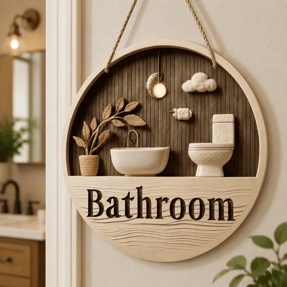 Easy to Install Wooden Bathroom Sign Plate 2D Flat Ornament Wall Art Sign Retro Hanging Circle Decorative Plaque Toilet