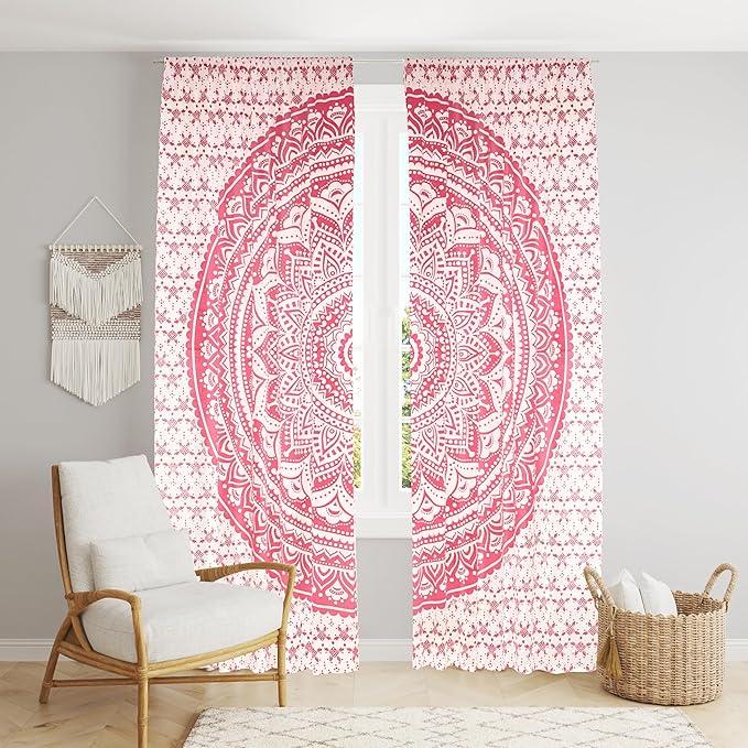 BLESS INTERNATIONAL Beautiful Indian Bohemian Psychedelic Hippie Ombre Window Curtain Panels for Bedroom, Living, Balcony (Pink Omra)