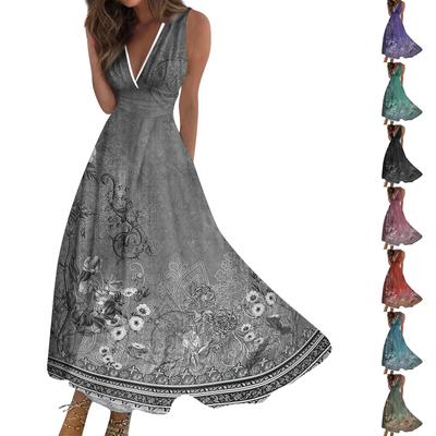 Women's Summer Fashion Retro Floral Print V-Neck Sleeveless Waistless Casual Dresses