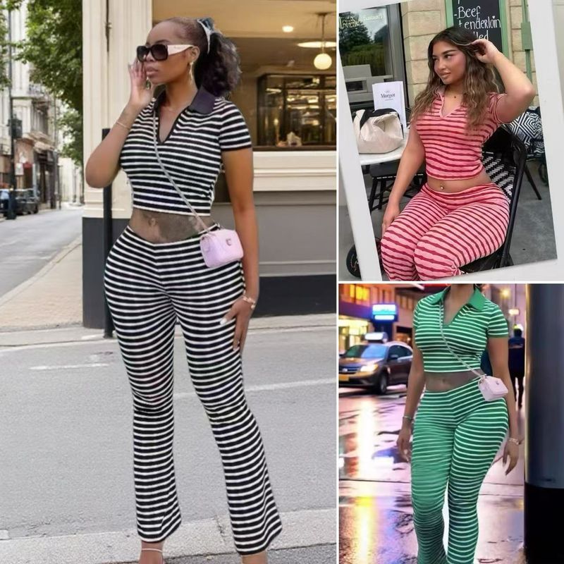 Western Style New Fashion Casual Stripe Top Trousers Set Striped Top and Pants Set