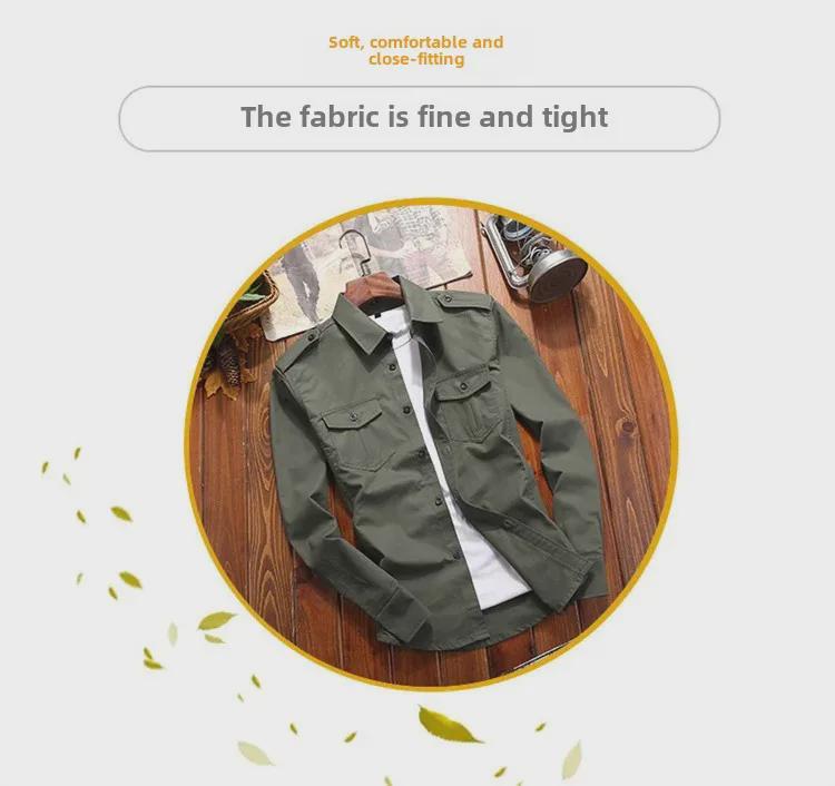 Férfi karcsú szabású katonai pamut munkaing epaulettekkel, dupla zsebekkel - hosszú ujjú tavaszra és őszre