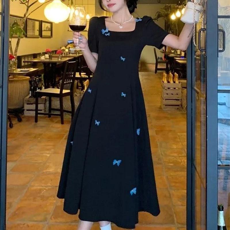 Butterfly Short-sleeved Dress for Women in Summer French Style Square Neck Small Black Skirt