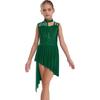 Girls Sleeveless Mock Neck Leotard Dress – Asymmetrical Shoulder Floral Lace with Rhinestones, Irregular Hem for Lyric Dance