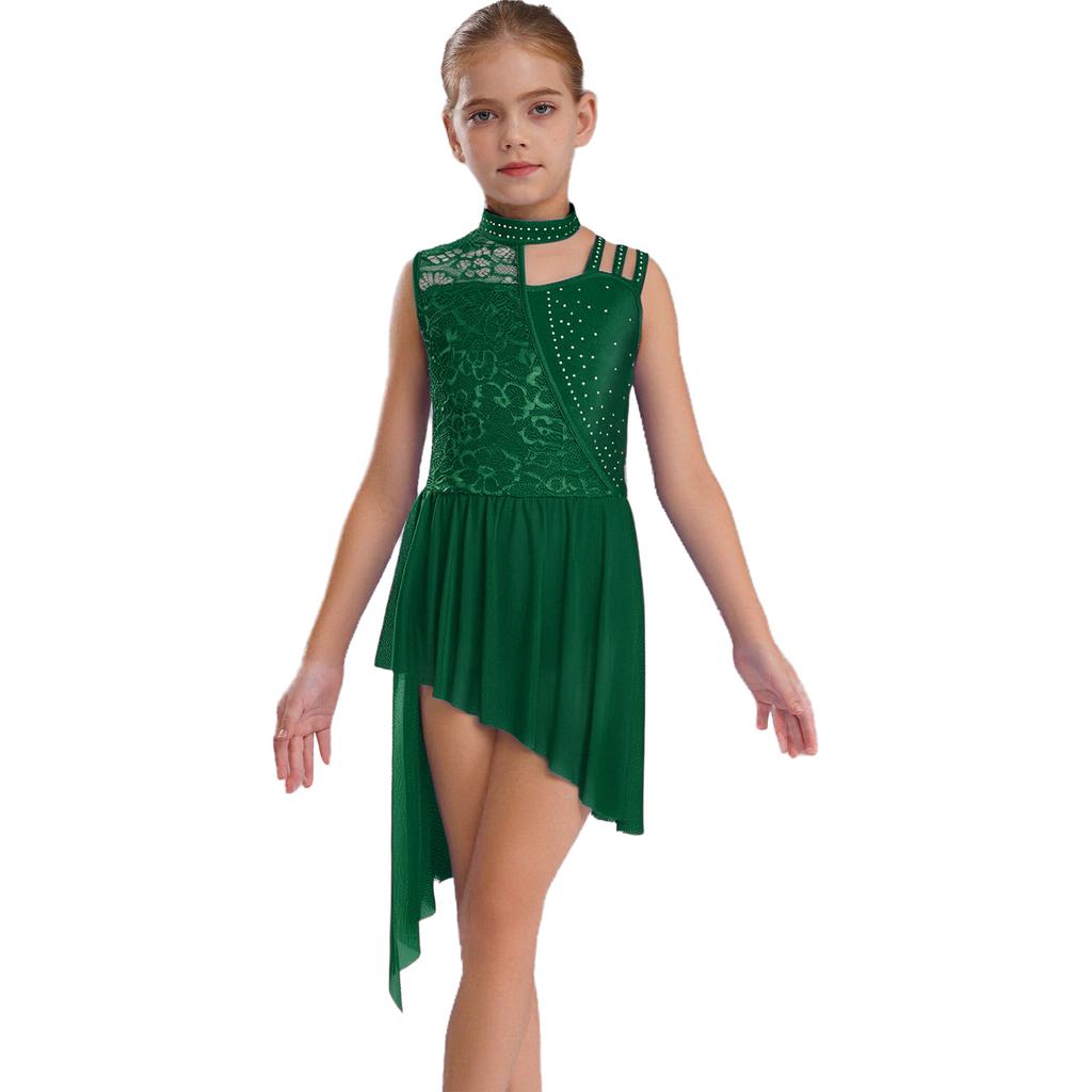 Girls Sleeveless Mock Neck Leotard Dress – Asymmetrical Shoulder Floral Lace with Rhinestones, Irregular Hem for Lyric Dance