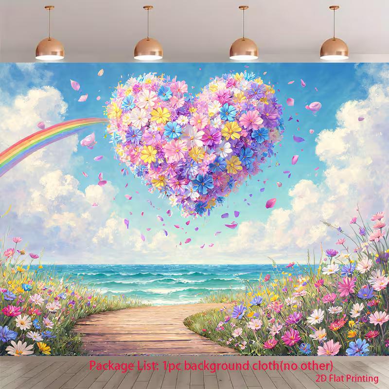 

2D Flower Heart Backdrop Beach Ocean Photography Background Banner 47.2x31.5inch/120*80cm