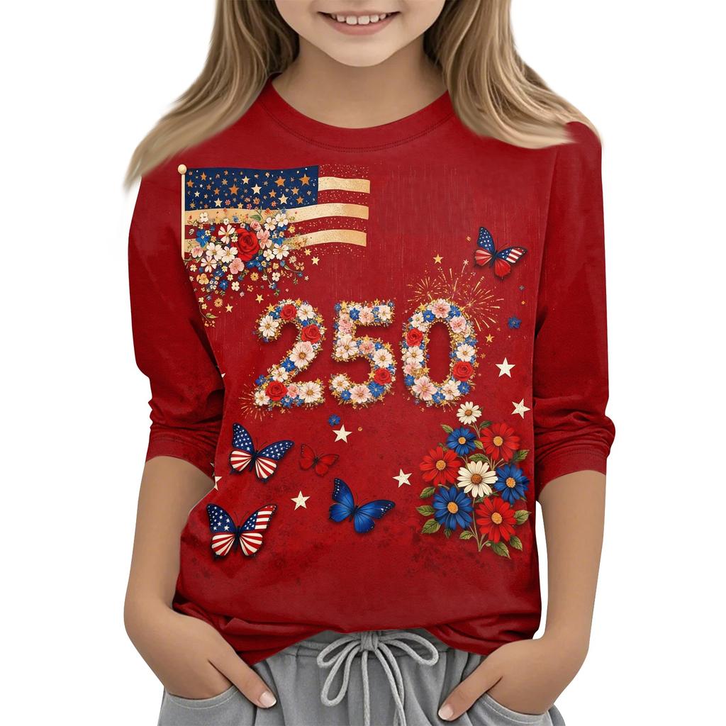 Children's Independence Day Printed Round Neck Seven Quarter Sleeve Casual T-shirt