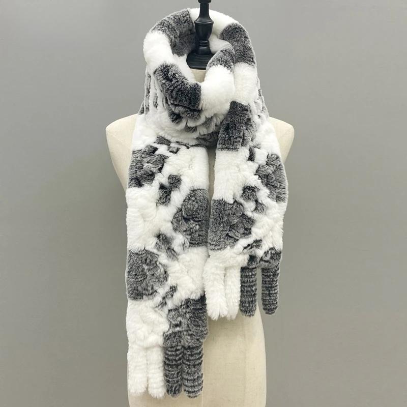 Natural Fur Scarf Fluffy Long Shawl Genuine Rex Rabbit Fur Hand Knitted Stylish Women Scarves In Winter Shawls 180cmx13cm