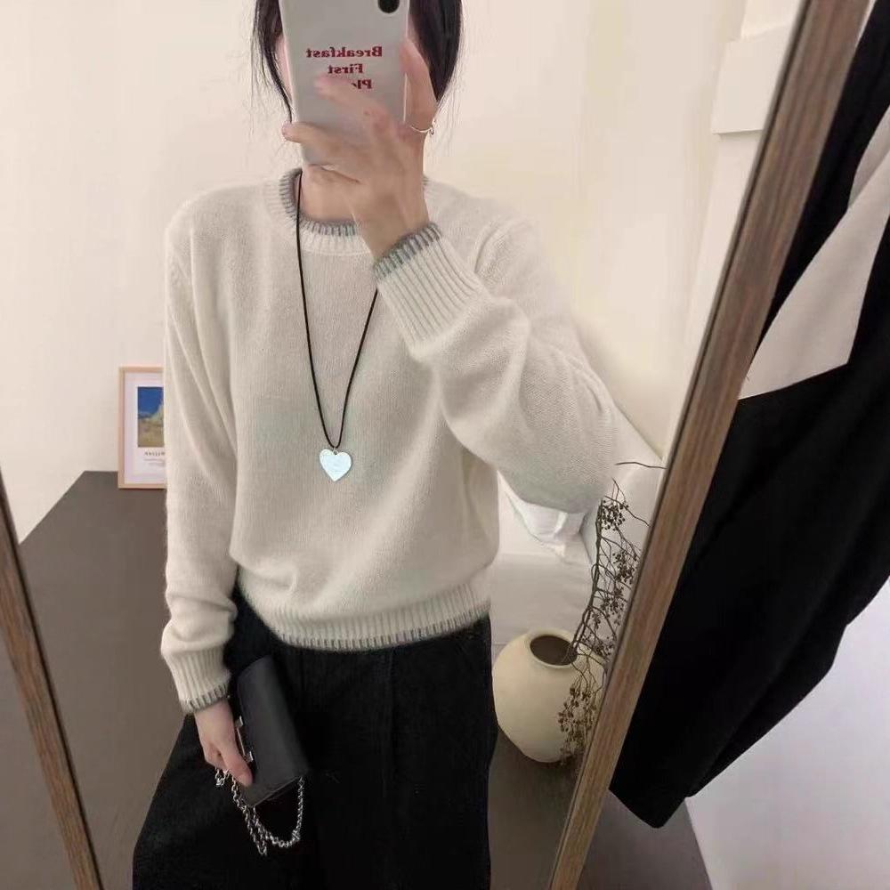 Women's Grey Merino Wool Round Neck Sweater - European Style Cashmere Knit Base Layer for Autumn/Winter