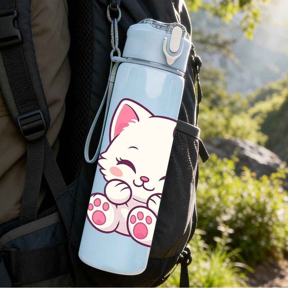 1PC Pink Kitty Cat Cute Cartoon Print 750ml Color Plastic Sports Water Bottle Leakproof Flip Straw Lid Suitable for Sports Office Home Use