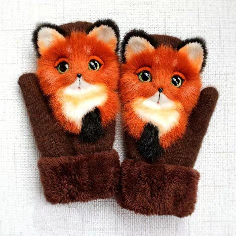1 Pair Unisex Mittens Thickened Full Finger Winter Warm Gloves Knitted Wool Cartoon Animal Gloves