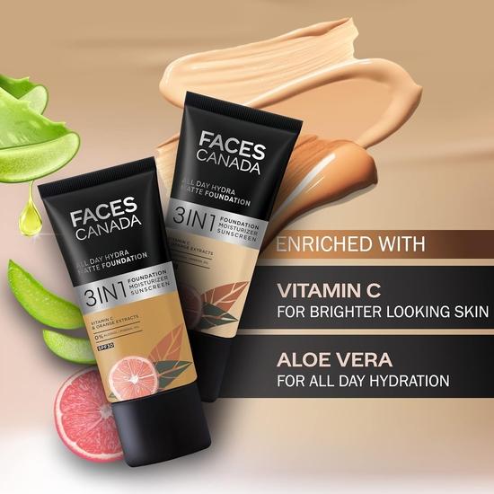 FACESCANADA All Day Hydra Matte Foundation Cream| 3-In-1 Foundation + Moisturizer + Spf 30 | 24 Hr Aloe Hydration & Vitamin C | 10Hr Long Wear  | 25Ml