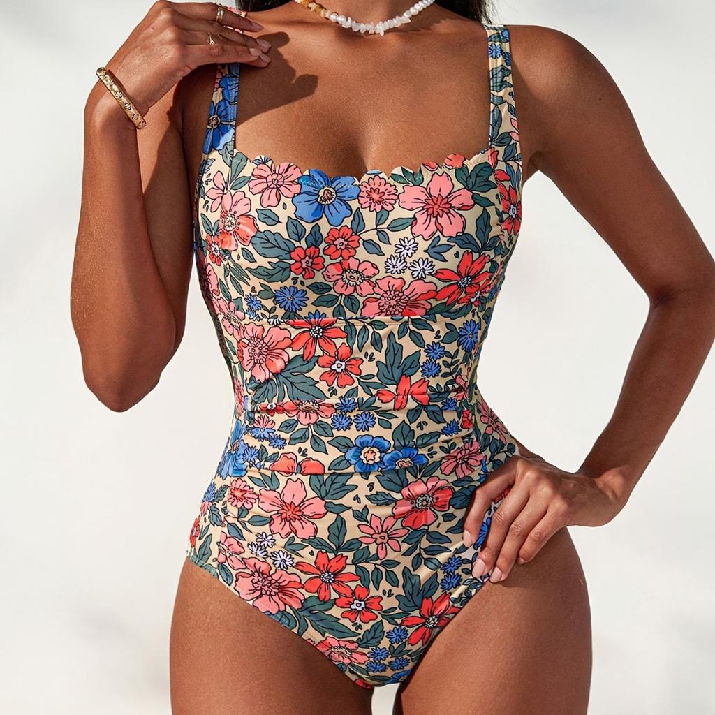 Charming Flower Print Shoulder Strap Ruffle Neck Pleated Slim Bikini Swimsuit For Beach