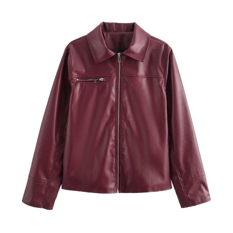 Kaslead New Arrival Women's Clothing Fashion Style Stylish Simple and Versatile Zipper Leather Jacket Coat