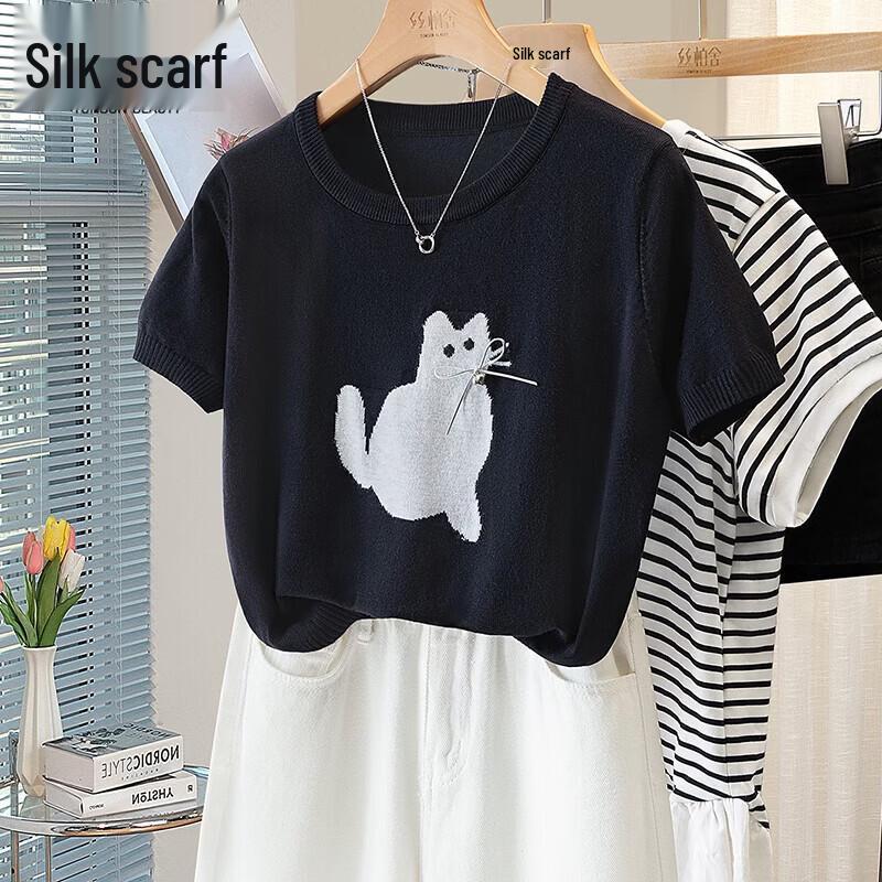 Women s Cartoon Print Wool Blend Short Sleeve Knit Top One Size