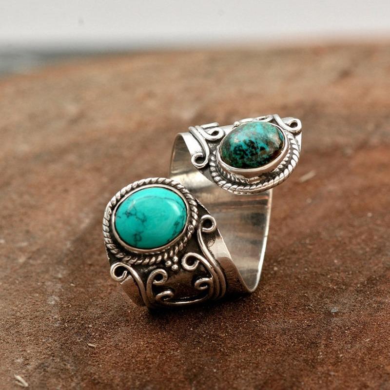 Bohemian Ethnic Style Creative Faux Turquoise Opening Adjustable Ring Women Retro Party Personality Jewelry Accessories