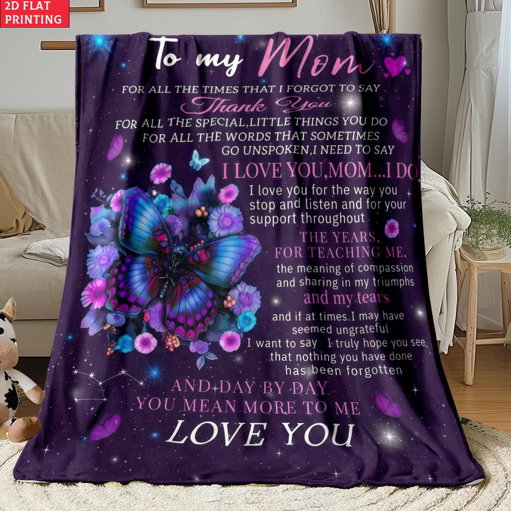 Till Min Mamma Print Flanellduk, Lila Ros Fjäril Varm Pläd, Morsdagspresent från Dotter, Mysig Säng Soffa Filt