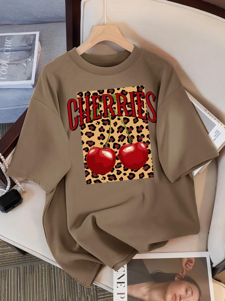 Leopard Cherry Creative Design Womens Tee Shirts Cotton Casual T Shirt Summer O-Neck Streetwear Soft Oversized Short Sleeve
