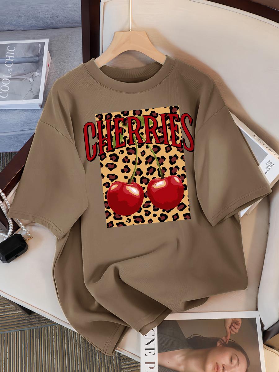 

Леопардовая вишня Креативный дизайн Женские футболки Хлопковая повседневная футболка Летняя футболка с круглым вырезом Уличная одежда Мягкая оверсайз с коротким рукавом L