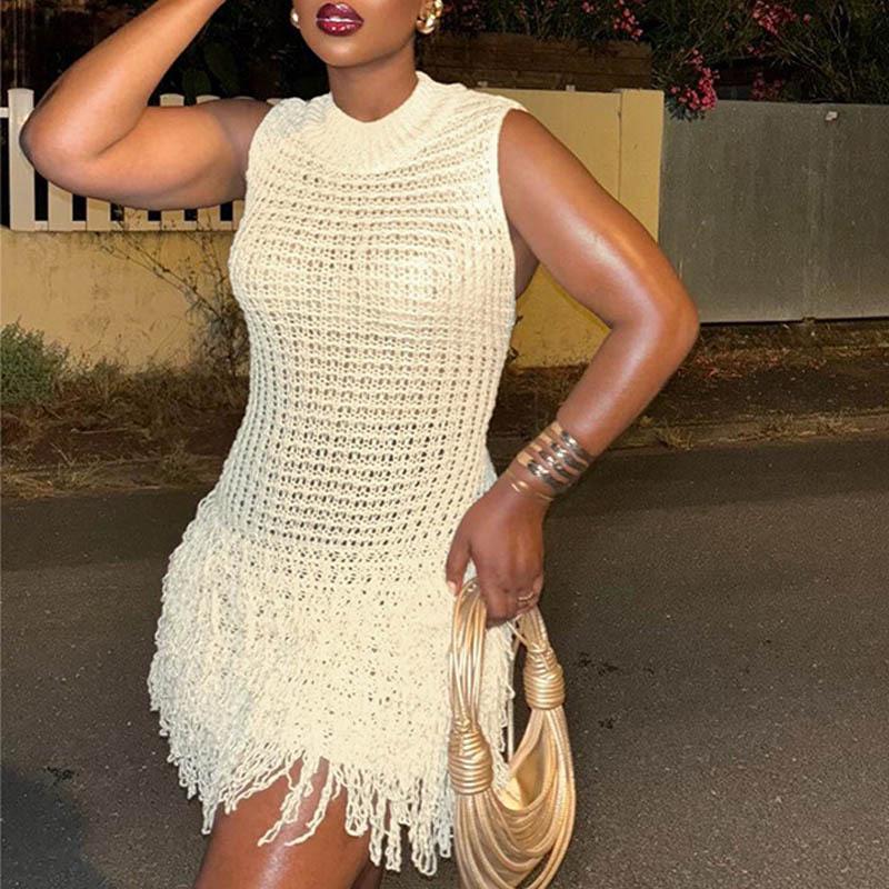 Summer European & American Knitted Dress: Sexy Sleeveless Tassel Short Skirt, Hollow-Out Patchwork, Slim-Fit Design