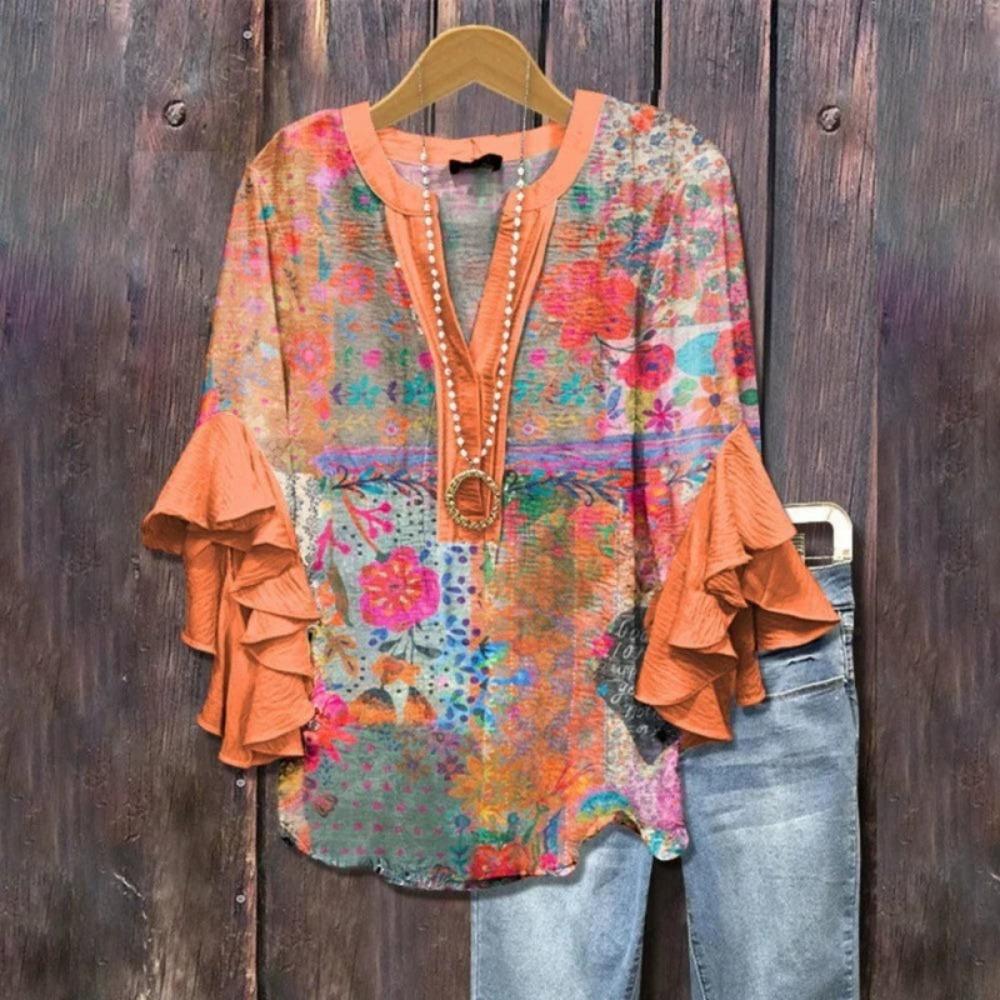 Large Women's Bohemian V-neck Shirt with Ruffle Sleeves, Grey Brown Floral Print Top, Casual Breathable Machine Washable Pullover